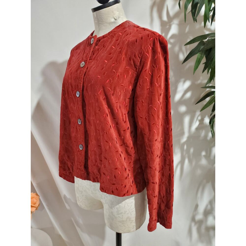 Vtg Cut Loose Embroidered Leaf Velour Button Jacket Size M Red Whimsy Boho 90s - Picture 2 of 11